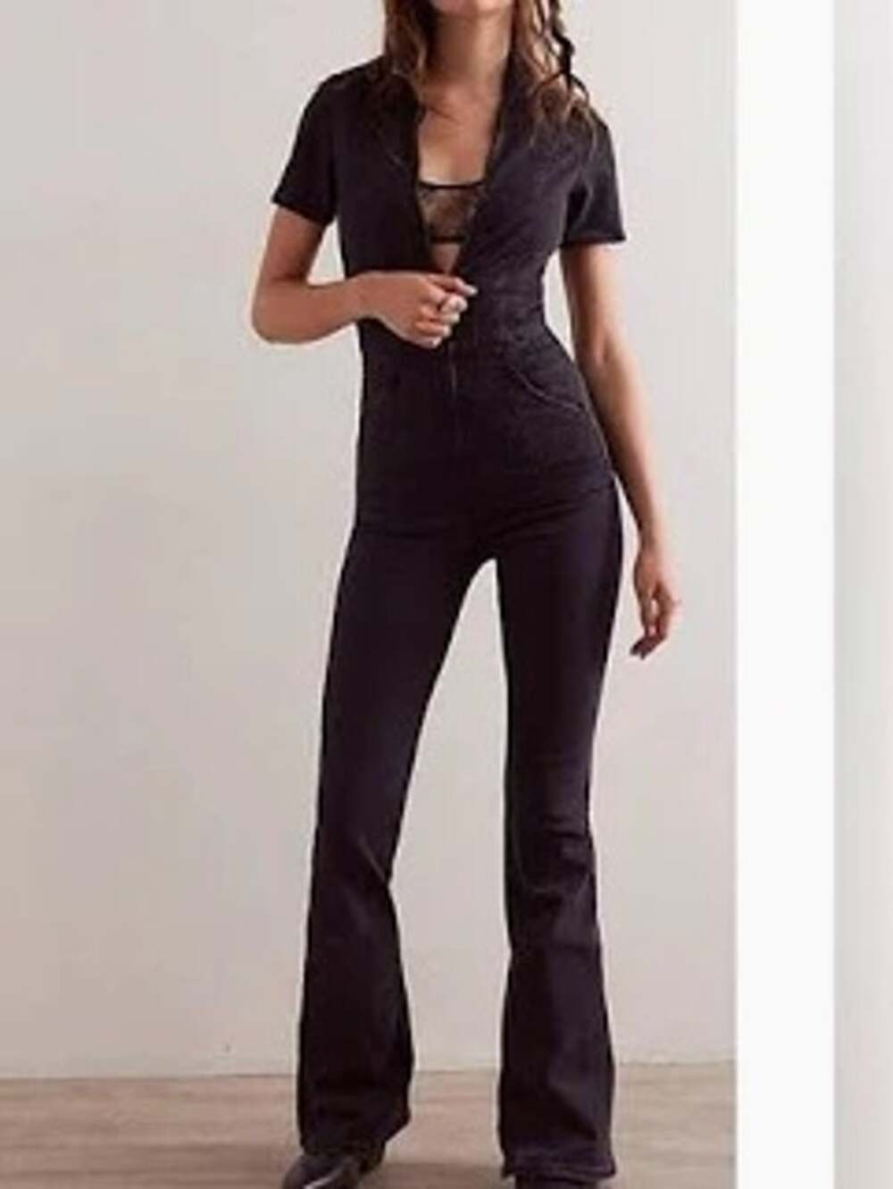 We The Free Jayde Denim Jumpsuit Fitted Black Flare Leg Sexy Sleek Womens Large